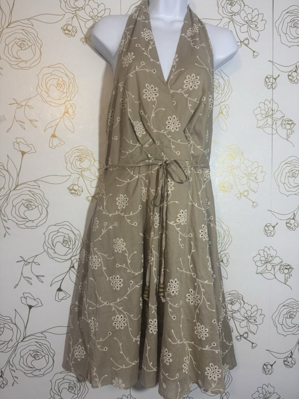 Joie Dress Size 8 Khaki Tan Floral Embroidered Eyelet Halter Wrap - Picture 4 of 9